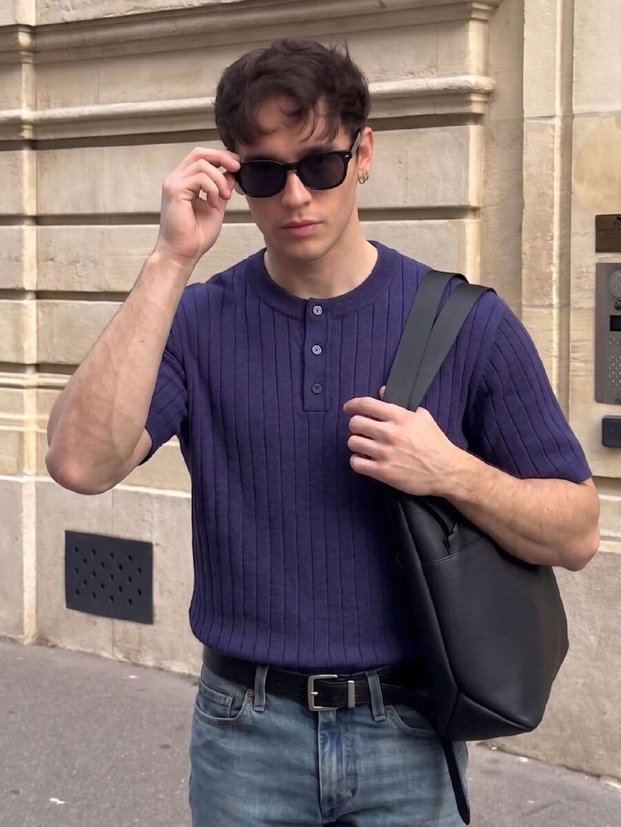 Atasan Rajut Henley Pria Lengan Pendek Bergaris Slim Fit Gaya Vintage Prancis Kasual Musim Semi Musim Panas - Royal Blue - View 1