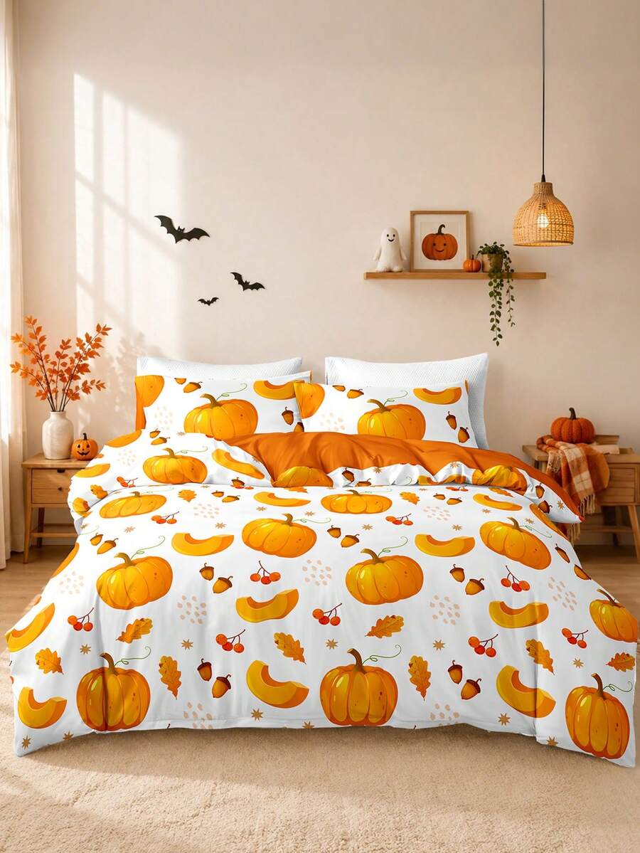 2/3pcs Halloween Thanksgiving Pumpkin Ghost Duvet Cover Set, Soft Breathable Anti-Pilling All-Season Bedding, No Insert, Wrinkle Resistant, Machine Washable, For Single Double Queen King Beds, Multiple Colors, Autumn Bedroom Decor, Holiday Gift - Multicolor - View 1