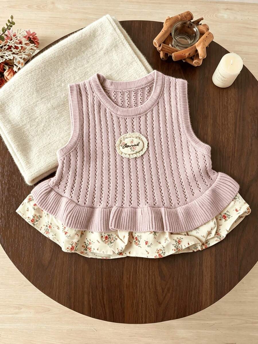 WUHUANG YIYI Girls Sweet Cute Gentle Style Handmade Lace Applique Floral Hem Patchwork Knit Hollow Out Tank Dress Loose Fit Suitable For Daily Wear Versatile Outings Spring Summer Autumn - Mauve Purple - View 1
