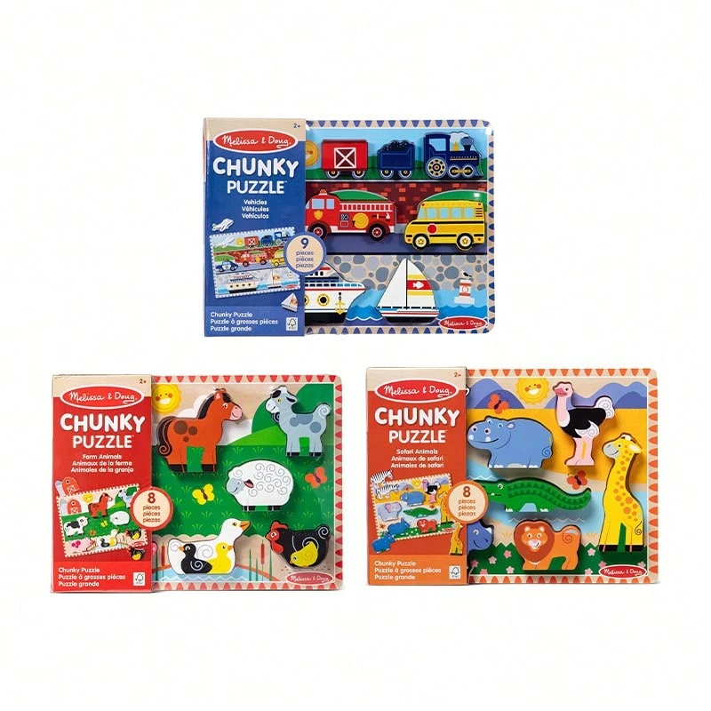 Melissa & Doug & Doug Safari Animals,Farm Animals,Vehicles Wooden Chunky Puzzle , Educational Screen Free Activity For Toddler, Preschoolers And Kids Ages 2+ - FSC Certified
