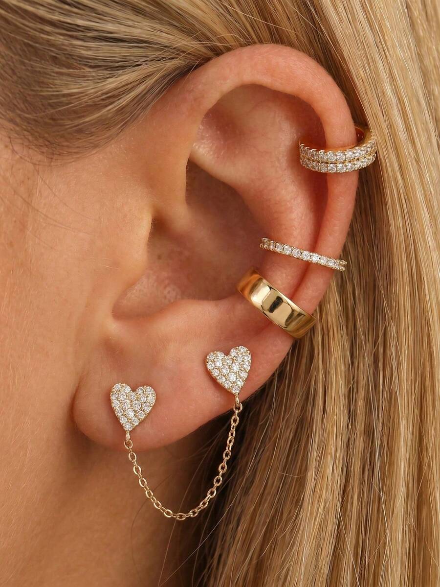4pcs Women's Gold Copper Heart-Shaped CZ Inlaid Earrings Set, Luxury Style, Suitable For Party, Date, Ball - Multicolor - View 1