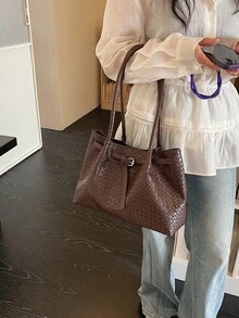 女款時尚百搭通勤單肩包，春夏新款學生上課大容量托特包，編織購物大包 - 咖啡棕 - 查看 9