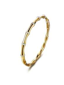RAYQUEEN Stainless Steel 18K Gold Plated Bamboo Texture Bracelet With White Rhinestone Design, Luxury Women's Stackable Bracelet, Suitable For Daily Wear - Gold - View 7
