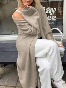 Elegant Beige Rib-Knit Longline Cardigan Sweater With Shawl Collar, Open Front, Long Sleeves And Relaxed Fit For Women's Fall And Winter Outfits - Apricot - View 4