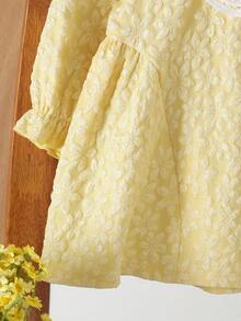 Girls (Infant) Sweet Fresh 3D Embossed Floral Double Layer Lace Peter Pan Collar Daisy Puff Sleeve Princess Dress, Spring/Autumn Thin Style - Yellow - View 6