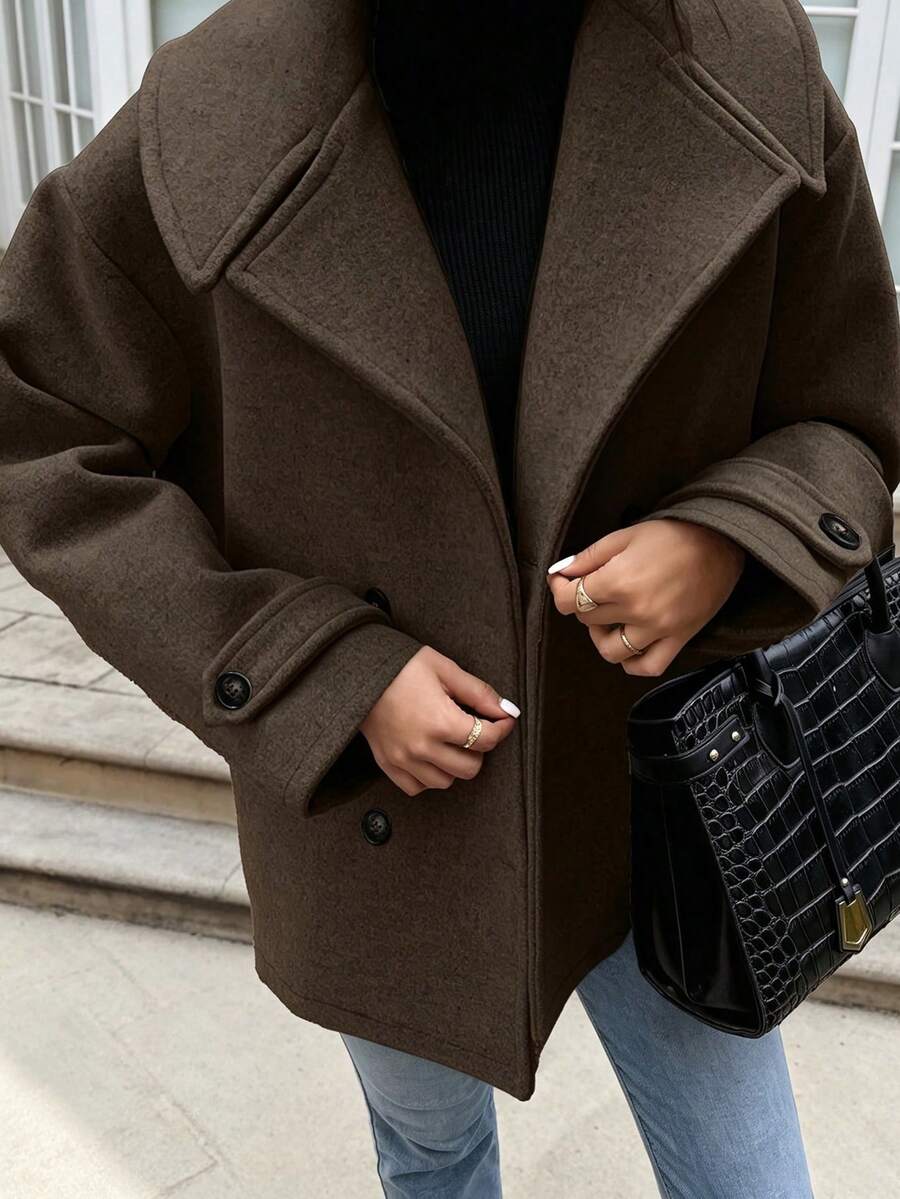 Women's Autumn/Winter Woven Double-Button Lapel Coat, Long Sleeve, Dropped Shoulder, Regular Length Outerwear - Coffee Brown - View 1