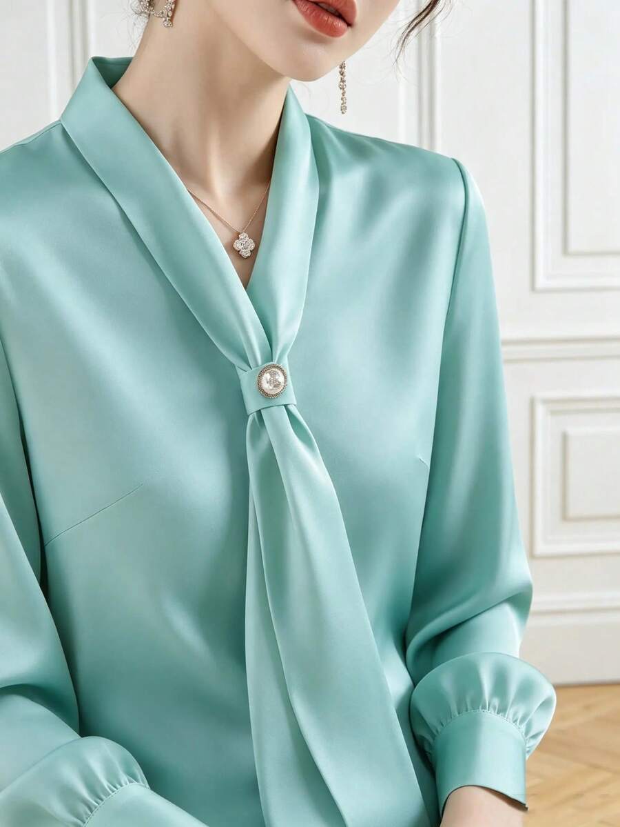 Blus Leher V Berhiaskan Manik-manik Warna Polos, Kemeja Lengan Panjang Elegan