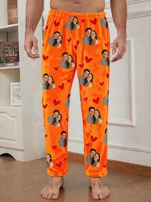 Men's Customized Photo Print Pajama Pants, Black With Personalized Couple And Red Heart Pattern, Soft Fleece Fabric, Casual Style, Couple Gift - Orange - View 3