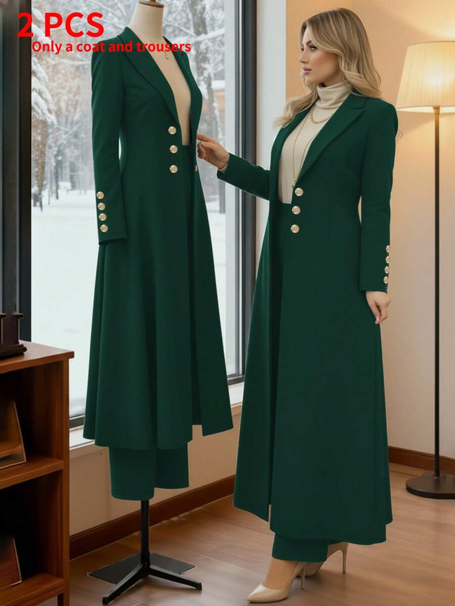 女款春夏/秋冬優雅通勤兩件套,軍綠色長版收腰復古英式雙排扣設計西裝外套搭配簡約休閒直筒長褲 - 墨綠色31 - 查看 1