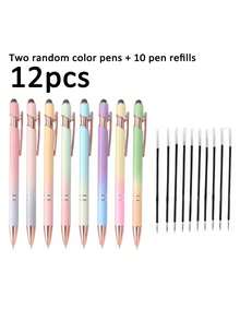 12pcs/Set 2-In-1 Retractable Ballpoint Pen Set[2pcs Random Color Pens + 10pcs Refills], With Touch Stylus Tip, Metal Touch Pen, 1.0mm Black Ink, Suitable For Office And School Supplies Writing Pen - A - View 10