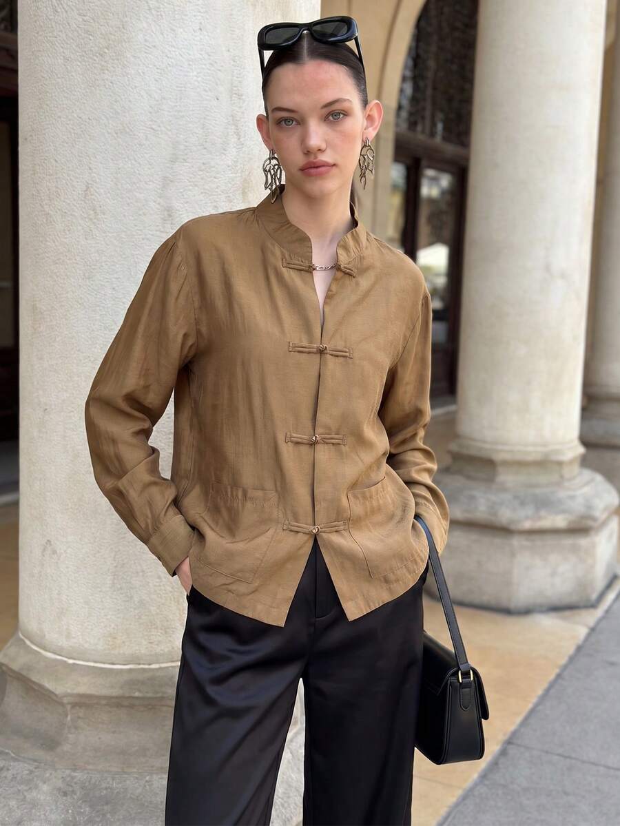 FGGG Women's Long Sleeve Stand Collar Loose Short Lightweight Shiny Fabric Khaki Jacket New Chinese Style Daily Vacation Spring Summer - Gold - View 1