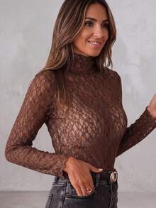 Solid Color Lace Crew Neck Long Sleeve Fitted Blouse For Women Spring Fall - Coffee Brown - View 1