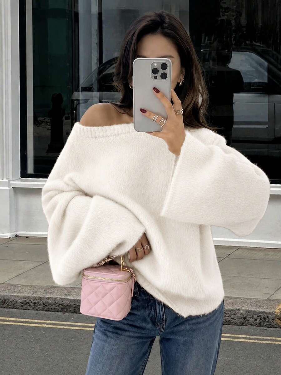 Joy Strick Damen Herbst/Winter Pullover Mode Neuer Stil - Minimalistisch Lässig Vielseitig - Basic Oberteile - Eleganter Minimalistischer Fauler Flauschiger Pullover Off-Shoulder Rundhals Strick Oberteil - Büro Outfits Für Frauen - Ausgeh Oberteile - Party - Geburtstag - Strand - Hochzeit - Festival - Aprikosenfarben - Übersicht 1