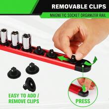 1/4-Inch Magnetic Socket Organizer Rail, Aluminum Alloy Socket Rail, Heavy Duty Sockets Holder With 14 Clips, 360 Swivel Clip Tray, Sockets Organizer Box Drawer (Red) - Red 1/4-inch - View 4