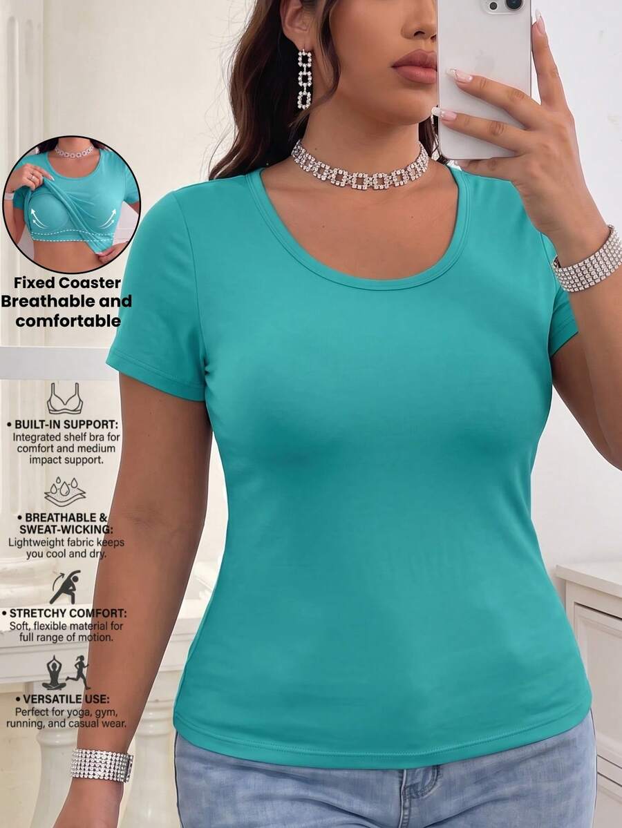 Plus Size Scoop Neck Short Sleeve Knitwear, Solid Layering Tee With Integrated Shaping Support, Women Comfort Daily Outfit - Cadet Blue - View 1