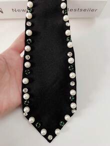 1pc Women's Luxury Evening Style Black Long Tie With Rhinestone Eyelet Design, Pre-Tied Necktie, Exquisite Commute Party Shirt Accessory - Green Rhinestone Studs - View 7