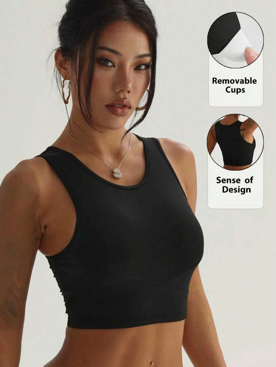 Women's Solid Color Round Neck Removable Padded Sports Knit Bra Black - Black - View 1