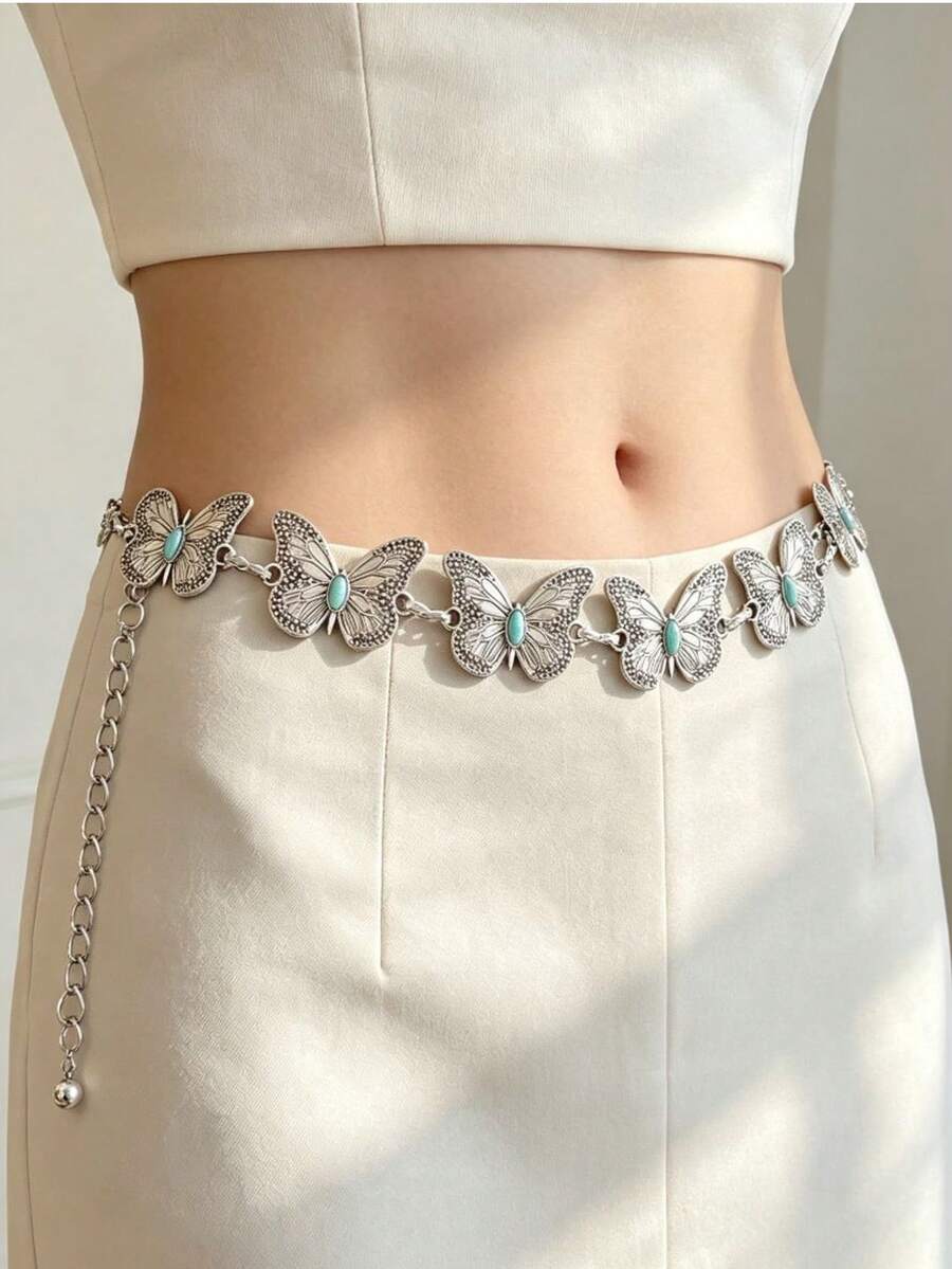 1 Peça Cinto Feminino Y2K Gótico Punk, Cinto de Cintura Denim Lisonjeiro para Praia de Verão para Mulheres Curvilíneas - Borboleta turquesa prateada - Visão 1