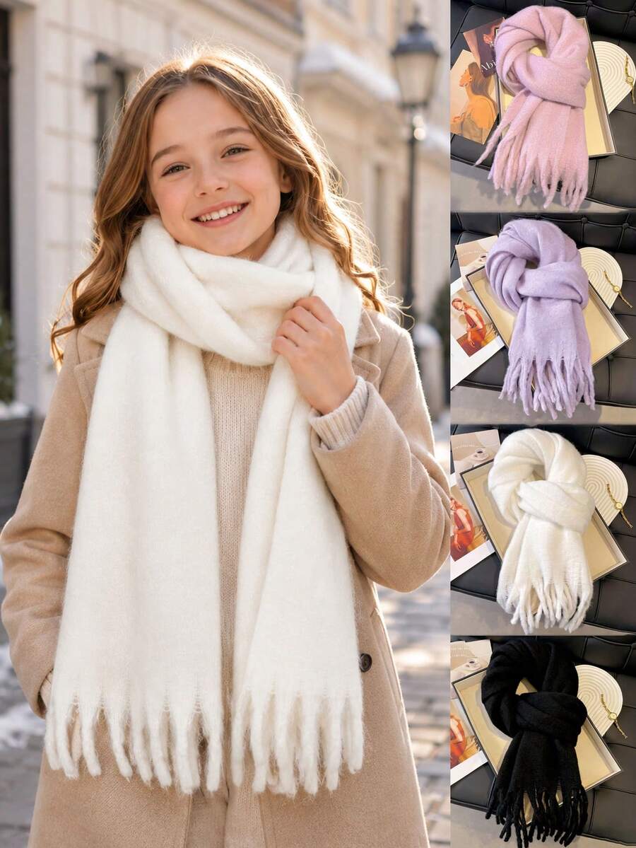 1pc Girls Winter Scarf, Cream White Soft Fluffy Thick Warm Long Tassel ...