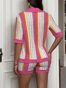Setelan Sweater Wanita Model Baru Rajut Elastis dengan Desain Berongga, 2 Potong - MultiWarna - View 8