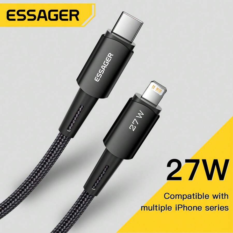 ESSAGER Cable de datos USB-C a iOS de 20W/27W, carga rápida con pantalla digital de potencia, adecuado para transferencia de datos de teléfono, velocidad máxima de hasta 480Mbps - Negro - Ver 1