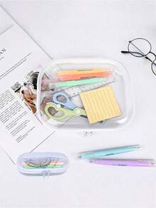 1pc PET Transparent Hard Shell Zipper Storage Box Set, Waterproof & Wipeable, Suitable For Cosmetics, Stationery, Small Toys, Ideal For Dorm, Bathroom, Closet, Portable Small Item Storage Bag, Home Travel Vacation Essential - White - View 2