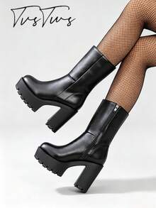 European Style Round Toe Mid-Calf Leather Boots, Thick Sole Chunky Heel Side Zipper Black & White Solid Color Height-Increasing Fashion Boots - Black - View 2