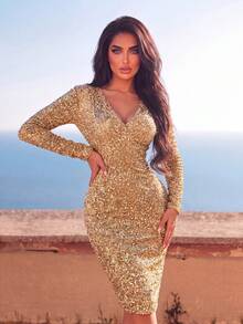 Women's Romantic Sequin Mid-Length Party Dress, Long Sleeve V-Neck Slim Fit With Slit Design, Suitable For Formal Occasions And New Year's Eve - Champagne - View 1