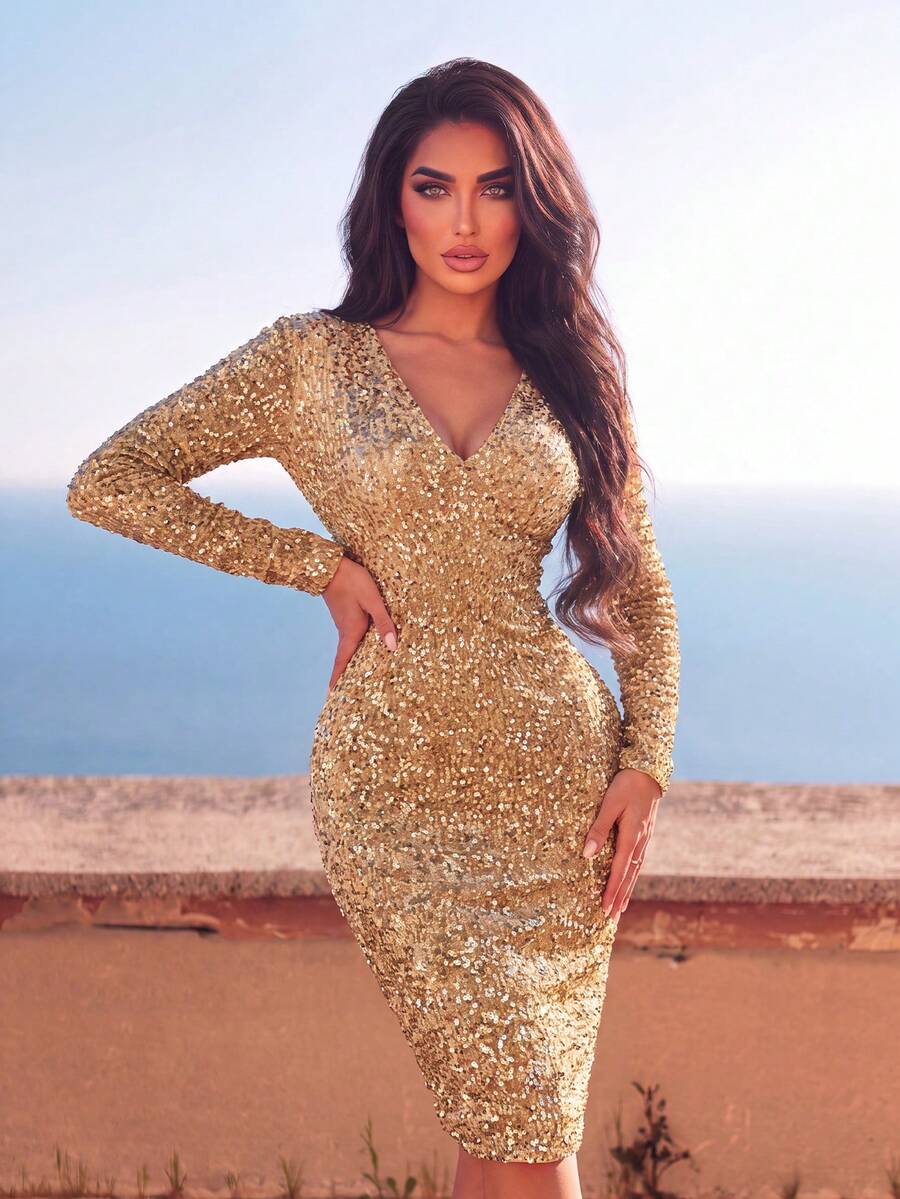 Women's Romantic Sequin Mid-Length Party Dress, Long Sleeve V-Neck Slim Fit With Slit Design, Suitable For Formal Occasions And New Year's Eve - Champagne - View 1