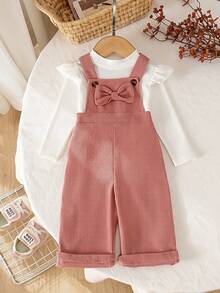 2pcs Baby Girl Cute Sweet Flutter Sleeve Top & Corduroy Overall Pants Set, Lightweight For Spring And Autumn - White - View 1