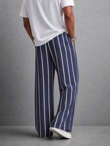 SU ER Men's Summer Striped Loose Drawstring Elastic Waist Casual Pants, Drapey Lazy Wide Leg Long Trousers - Navy Blue - View 3