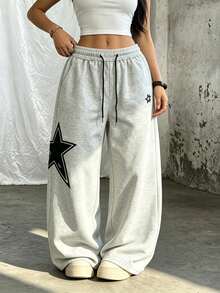 Grey Star Print Wide Leg Sweatpants Women's Drawstring Loose Slimming Straight Leg Pants Streetwear Casual Long Pants - Grey - View 3