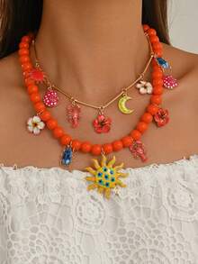 1 Set Summer Ocean Style Starfish Shell Mermaid Conch Turtle Lobster Claw Vintage Beach Style Necklace, 3D Large Starfish Handmade Beaded Necklace Set With Mermaid Oil Drop Shell Conch Small Fish Multiple Pendants, Vacation Style Neck Chain Set Suitable For Women's Daily Wear, Party, Holiday - Color - View 1