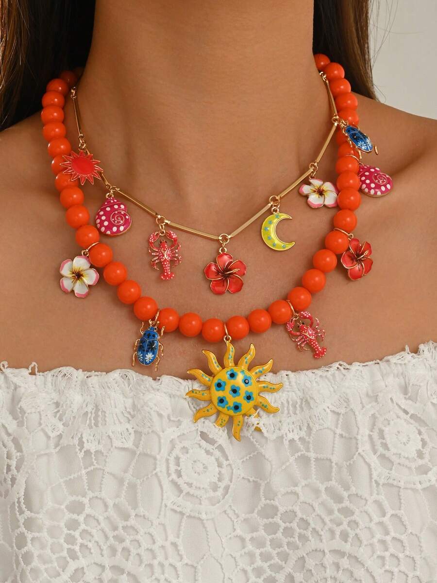 1 Set Summer Ocean Style Starfish Shell Mermaid Conch Turtle Lobster Claw Vintage Beach Style Necklace, 3D Large Starfish Handmade Beaded Necklace Set With Mermaid Oil Drop Shell Conch Small Fish Multiple Pendants, Vacation Style Neck Chain Set Suitable For Women's Daily Wear, Party, Holiday - Color - View 1