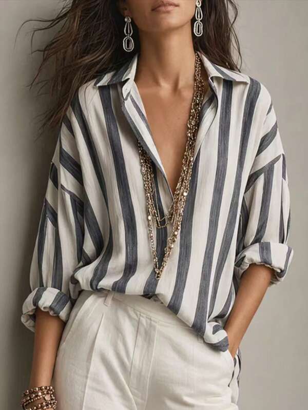 Women's Vintage Striped Long Sleeve Button-Up Shirt Collar Casual Slim Fit Polyester Top