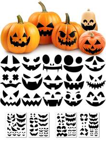 4pcs Halloween Pumpkin Decorative Stickers, Mixed Jack-O'-Lantern Ghost Funny Expression Stickers, DIY Pumpkin Face Sticker Set, Halloween Party DIY Handmade Decoration Supplies - View 1
