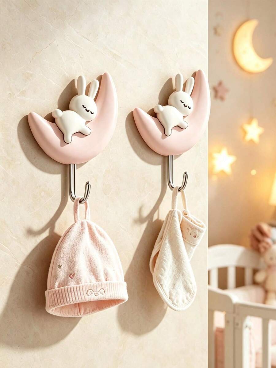 Moon Rabbit Wall Hook Set, Nursery Plush Doll Storage Rack, Baby Room Backpack, Bib And Hat Hanging Storage - Hook Up - View 1