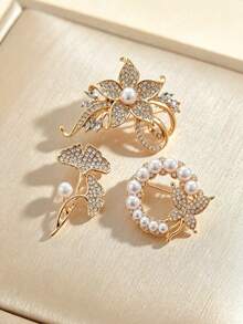 3pcs Vintage Faux Pearl Rhinestone Butterfly & Flower Brooch Set, Suitable For Suits & Coats, Thoughtful Gift For Friends And Mothers On Holidays - Gold - View 3