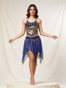 Belly Dance Halter Sequin Coin Crop Top Glitter Mesh Irregular Coin Decorated Skirt Stage Performance Dance Outfit - Multicolor - View 6