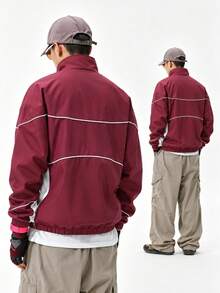 Men's Burgundy & White Line Trim Stand Collar Jacket, Contrast Letter Patchwork, American Retro Loose Streetwear Sports Jacket - Burgundy - View 2