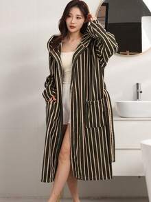 女款性感條紋浴袍附口袋，柔軟吸水繫帶式穿式浴巾，四季適用，1件裝 - 墨綠色 - 查看 3