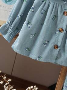2pcs Baby Girl Forest Style Neighbor Girl Peter Pan Collar Printed Long Sleeve Cardigan & Long Pants Set, Thin, Spring/Autumn, Outdoor Casual - Dusty Blue - View 6