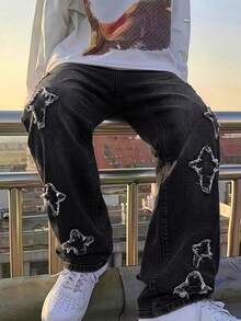 Y2K Style Men's Straight Leg Denim Jeans With Star Patch, Pocket, Loose Casual Streetwear - Black - View 3