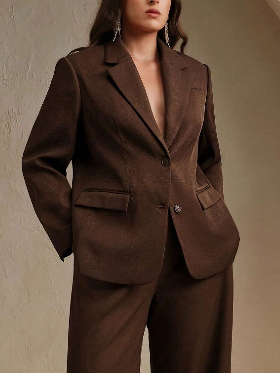 Elegant Chocolate Brown Plus Size Women's Suit Set, Single-Button Blazer, Regular Sleeves, Matching Trousers, Non-Stretch Fabric, Suitable For Autumn/Winter Wear - Brown - View 1