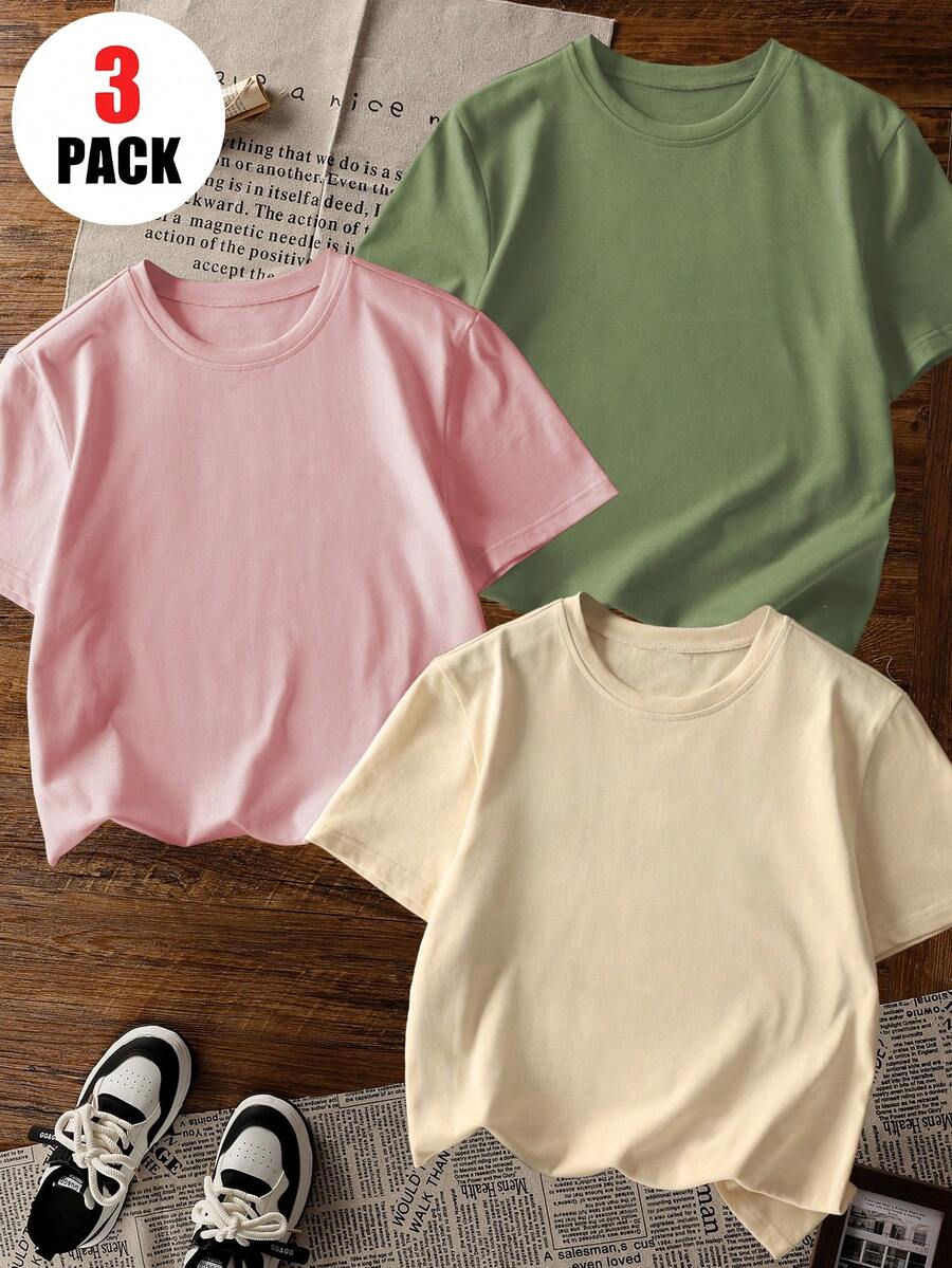 3pcs/Set Girls Oversized Summer Tees, Casual Loose Fit Breathable Solid Color T-Shirts, Versatile Daily Wear, Sweet & Cute Style For Teens - Green - View 1