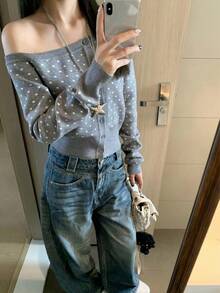 Women's Polka Dot Knit Cardigan, Off-Shoulder Design, Waist-Cinching Slim Fit, Long Sleeve Sweater, Suitable For Early Autumn - Grey - View 3