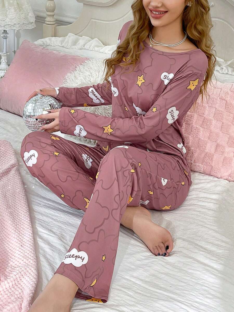 2pcs Women's Cartoon Star Print Long Sleeve Top And Pants Cute Casual Pajama Set - Rusty Rose - View 1