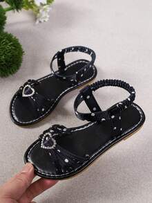 Cute Style Girls Black Polka Dot Heart Rhinestone Ankle Strap Flat Sandals Kids Footwear For Daily Outdoor - Black - View 5
