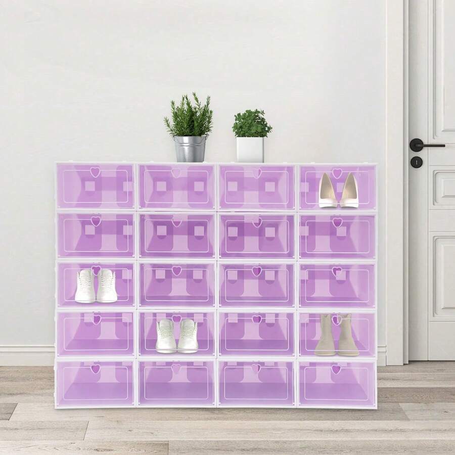 20 Stück Lila Faltbare Schuhboxen mit Herzgriff, Transparenter Klappdeckel Stapelbar aus PP/ABS, Groß Aufbewahrungsbox für Sneaker Pumps Sandalen Schlafzimmer Garderobe - Violett - Übersicht 1