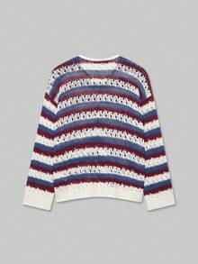 Cardigan Rajut Berongga Blok Warna Putih Gading Biru Merah Marun untuk Wanita Musim Gugur & Musim Dingin, Leher Bulat Lengan Panjang Potongan Longgar Kancing Depan - MultiWarna - View 5
